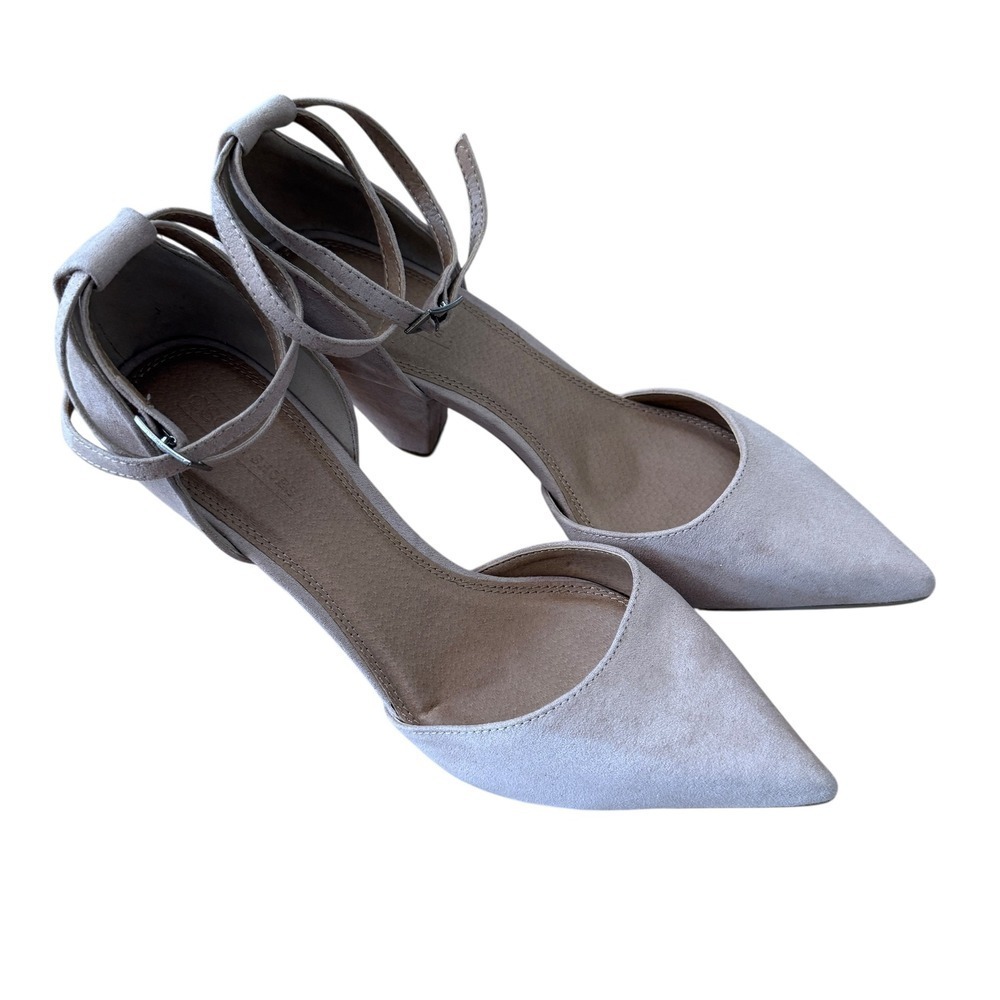ASOS Design Beige Faux Suede Pointed Ankle Strap Block Heels Women's Size 7.5